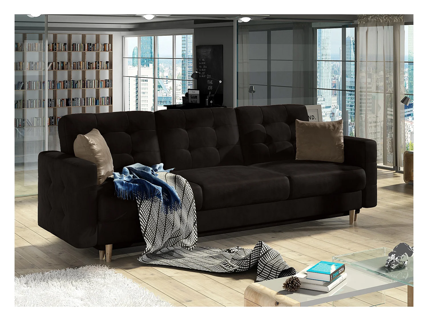 Canapé 3 places convertible matelassé velours chocolat Anska 235cm