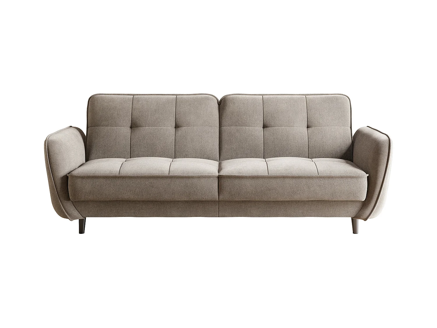 Canapé convertible 3 places tissu beige capitonné et pieds bois noir Bizza 220cm