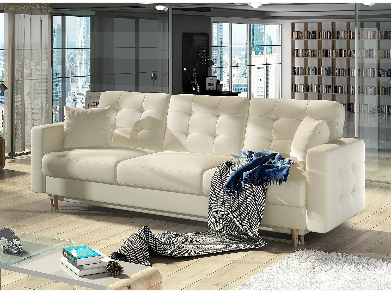 Canapé 3 places convertible matelassé simili cuir beige clair Anska 235cm