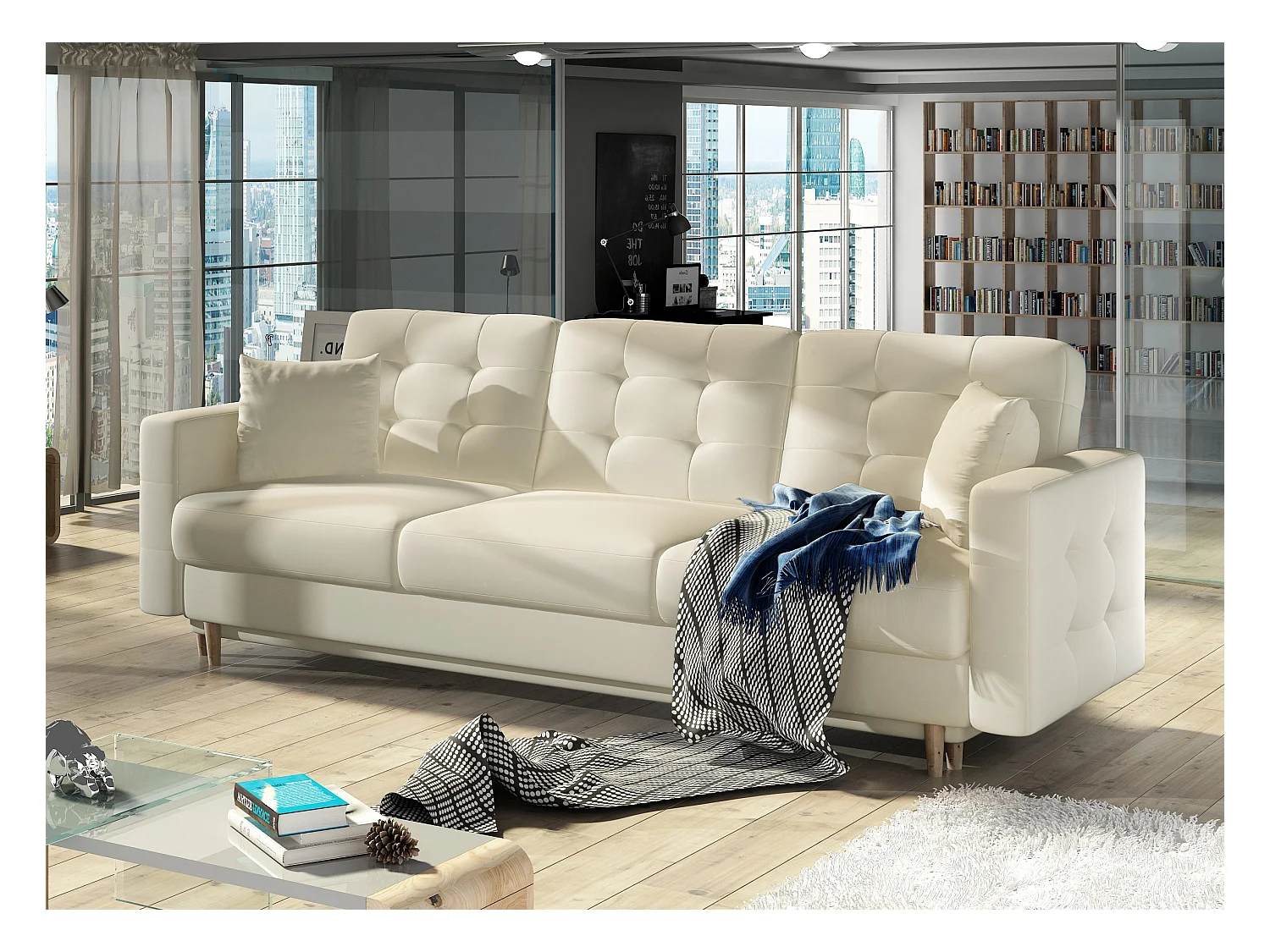 Canapé 3 places convertible matelassé simili cuir beige clair Anska 235cm