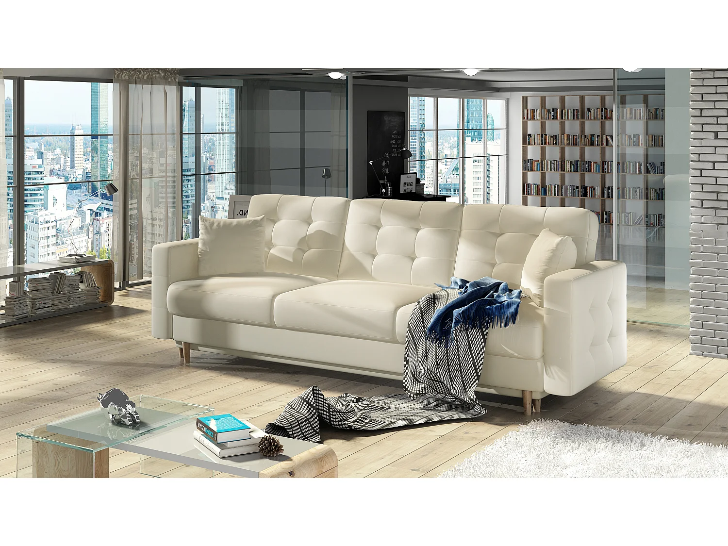 Canapé convertible 3 places en simili cuir beige