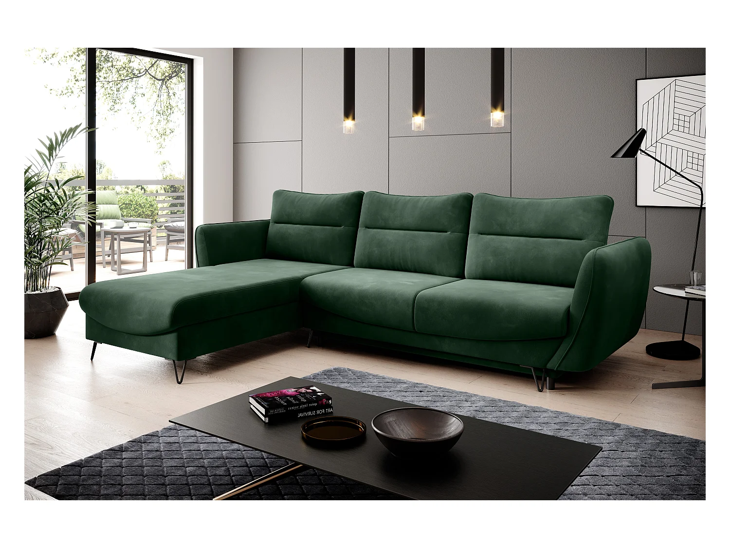 Canapé d'angle convertible tissu ZURIK - Coffre de rangement et pieds métal noir-Vert épinard-angle gauche