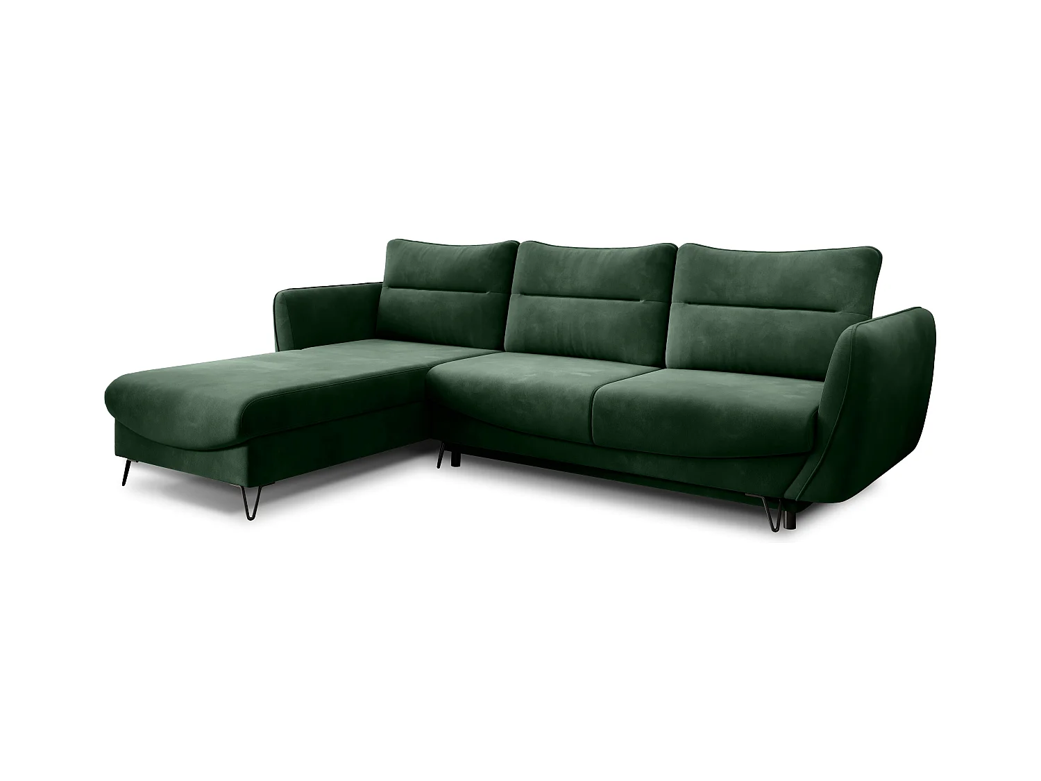 Canapé d'angle convertible tissu ZURIK - Coffre de rangement et pieds métal noir-Vert épinard-angle gauche