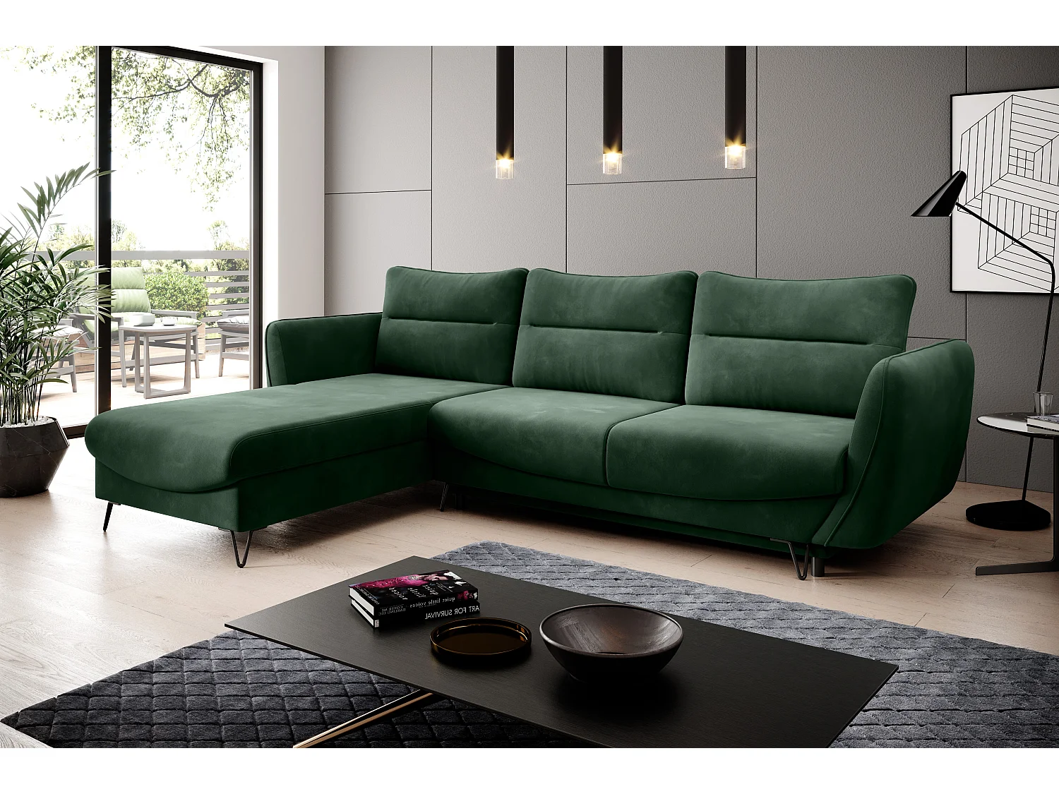 Canapé d'angle convertible tissu ZURIK - Coffre de rangement et pieds métal noir-Vert épinard-angle gauche