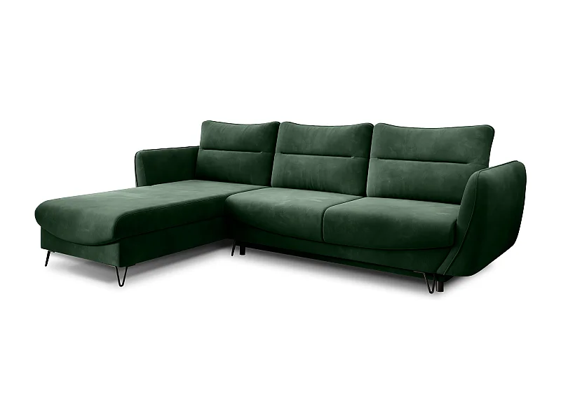 Canapé d'angle convertible tissu ZURIK - Coffre de rangement et pieds métal noir-Vert épinard-angle gauche