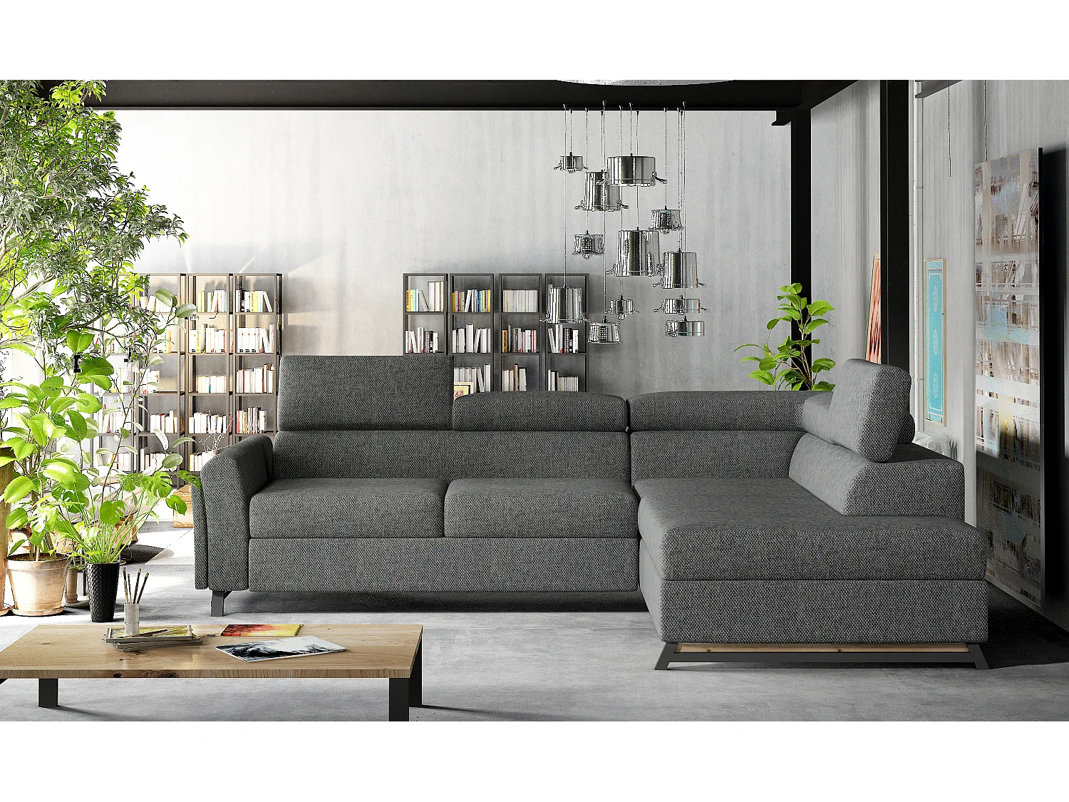 Canapé angle droit convertible tissu gris foncé chiné avec têtières réglables Nikos 265cm