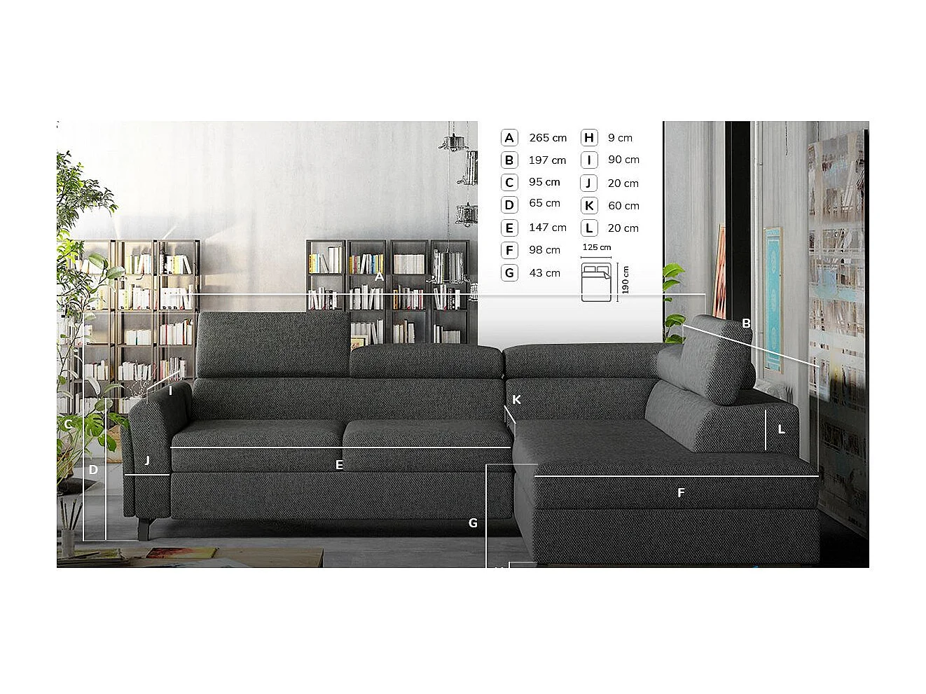 Canapé angle droit convertible tissu gris foncé chiné avec têtières réglables Nikos 265cm