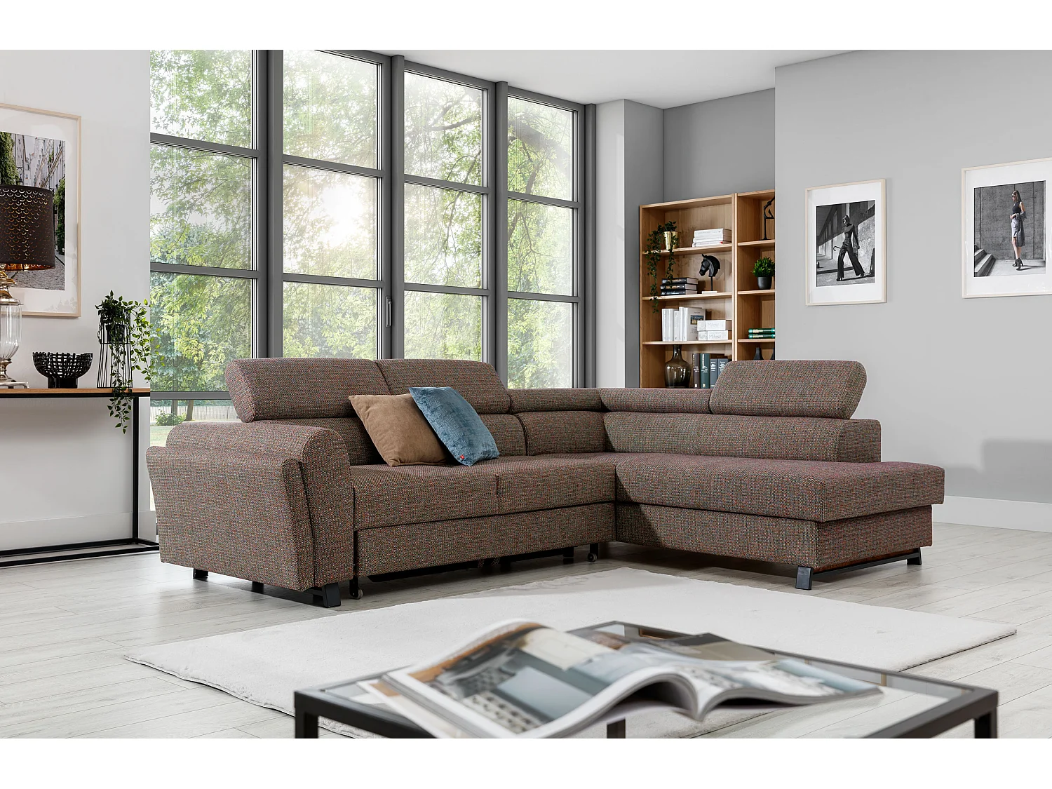 Canapé angle droit convertible tissu gris foncé chiné avec têtières réglables Nikos 265cm