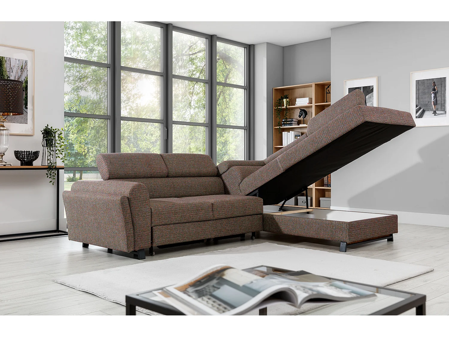 Canapé angle droit convertible tissu gris foncé chiné avec têtières réglables Nikos 265cm