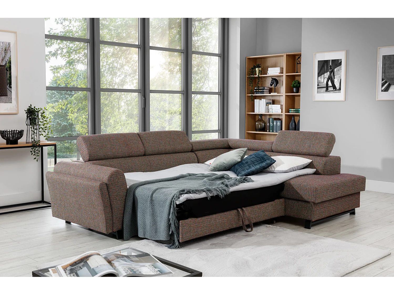 Canapé angle droit convertible tissu gris foncé chiné avec têtières réglables Nikos 265cm