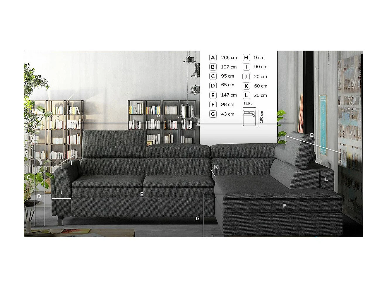 Canapé angle droit convertible tissu gris foncé chiné avec têtières réglables Nikos 265cm