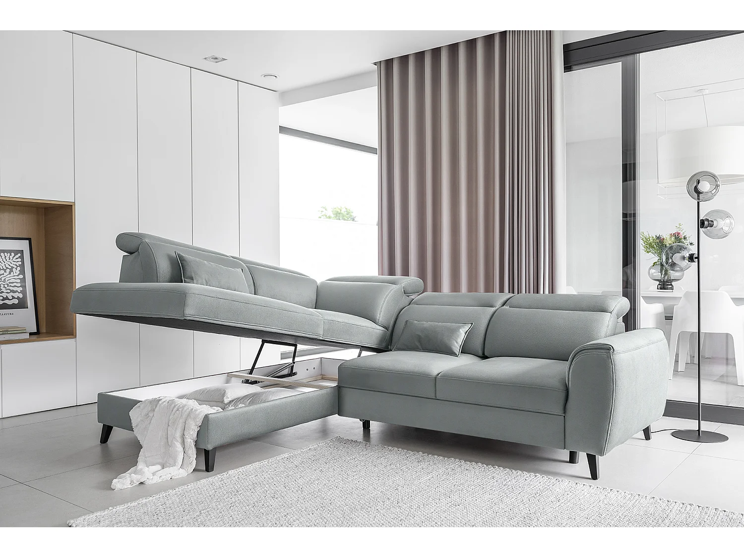 Canapé d'angle gauche convertible tissu gris bleuté Noblesse 255cm