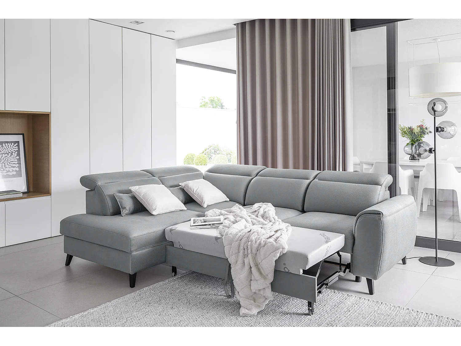 Canapé d'angle gauche convertible tissu gris bleuté Noblesse 255cm