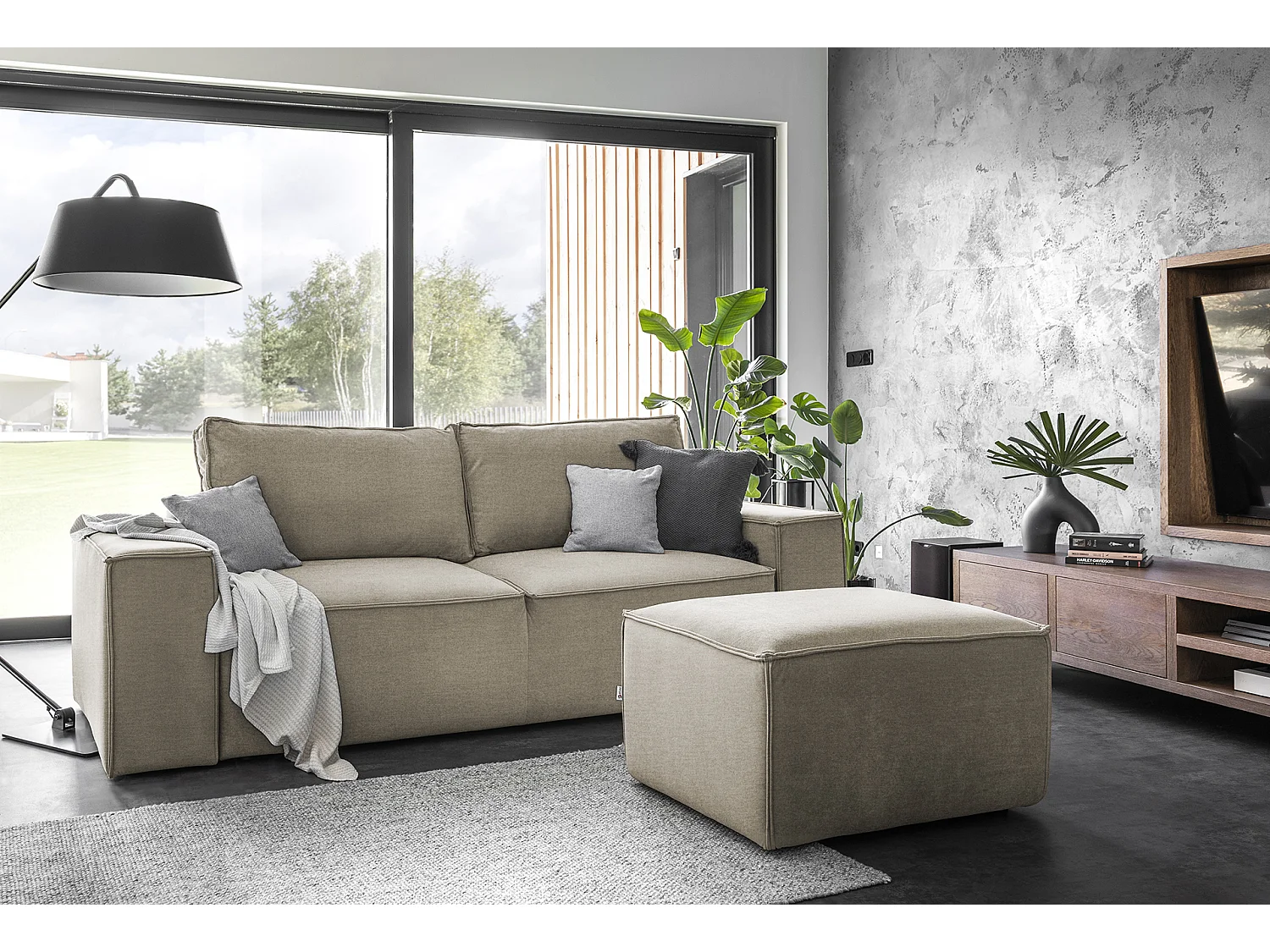 Grand canapé convertible en velours WILACE - Confort moderne et élégant-Beige foncé