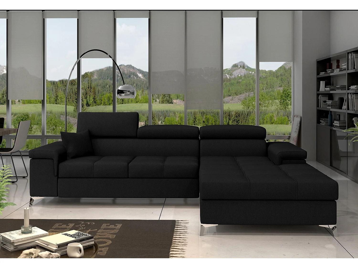 Canapé angle droit convertible tissu noir avec appuis-tête réglables Rikaro 280cm