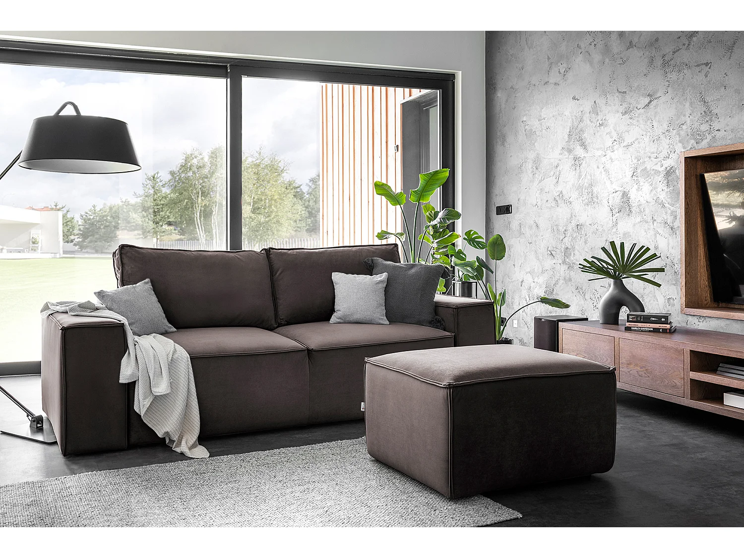 Grand canapé convertible en velours WILACE - Confort moderne et élégant-Marron