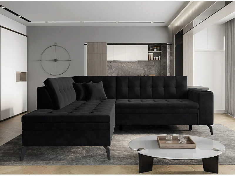 Canapé convertible capitonné angle gauche velours noir Larry 260cm