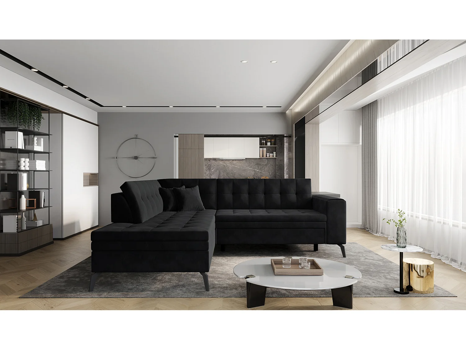 Canapé convertible capitonné angle gauche velours noir Larry 260cm