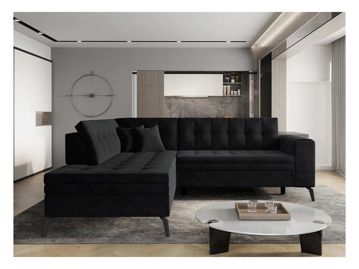 Canapé convertible capitonné angle gauche velours noir Larry 260cm