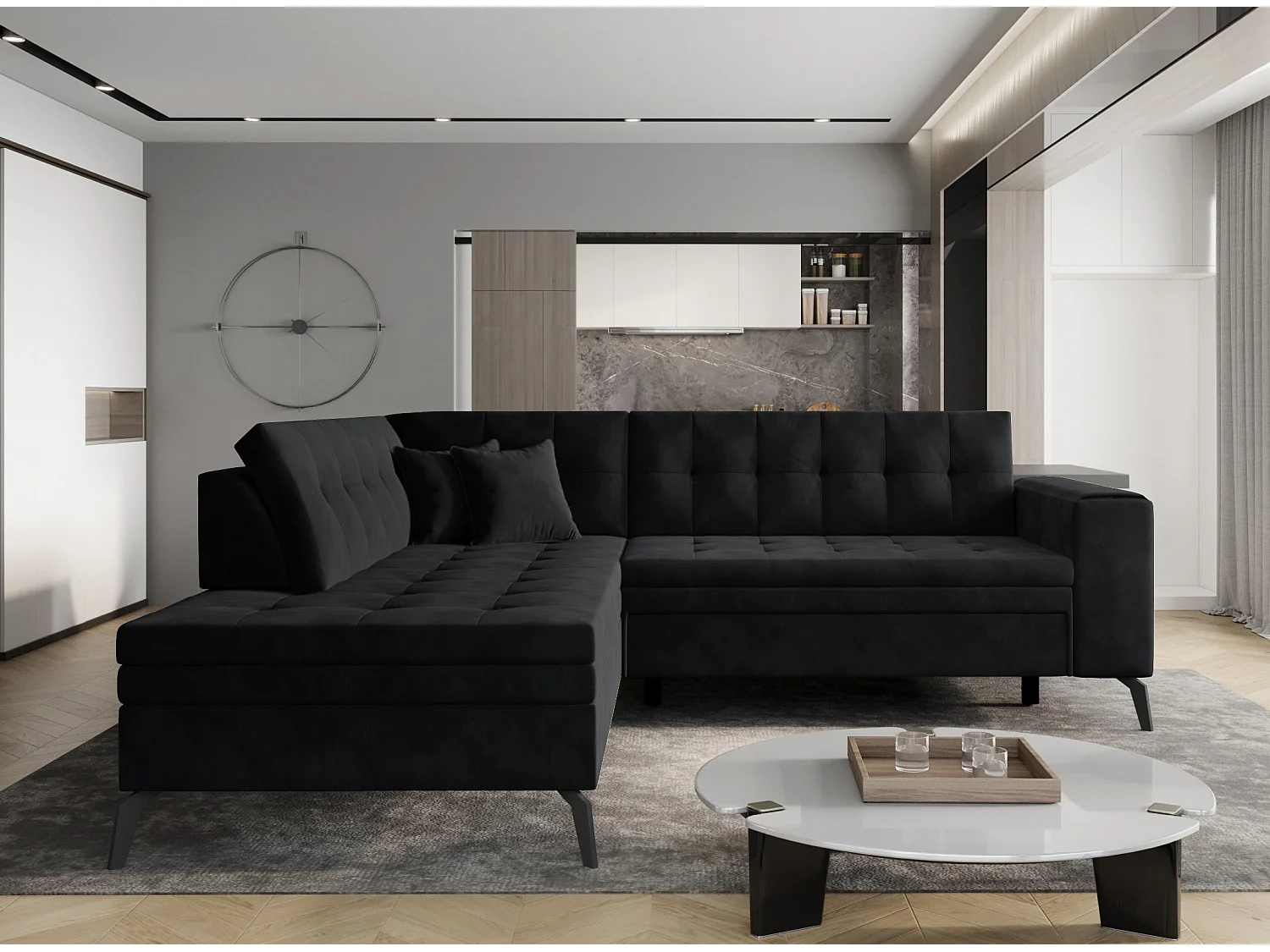 Canapé convertible capitonné angle gauche velours noir Larry 260cm