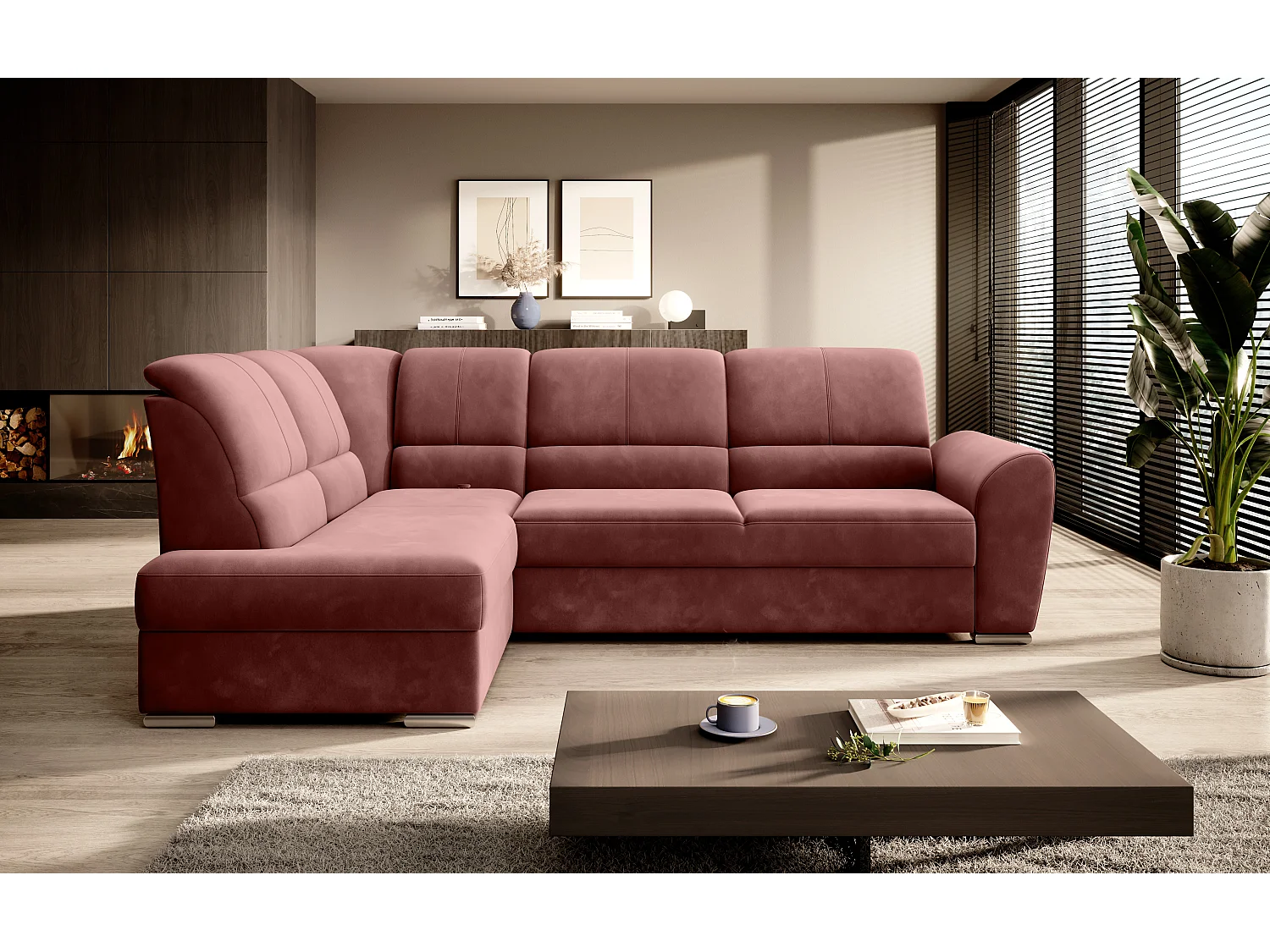 Canapé angle gauche convertible tissu rouille et pieds acier chromé Zabor 270cm