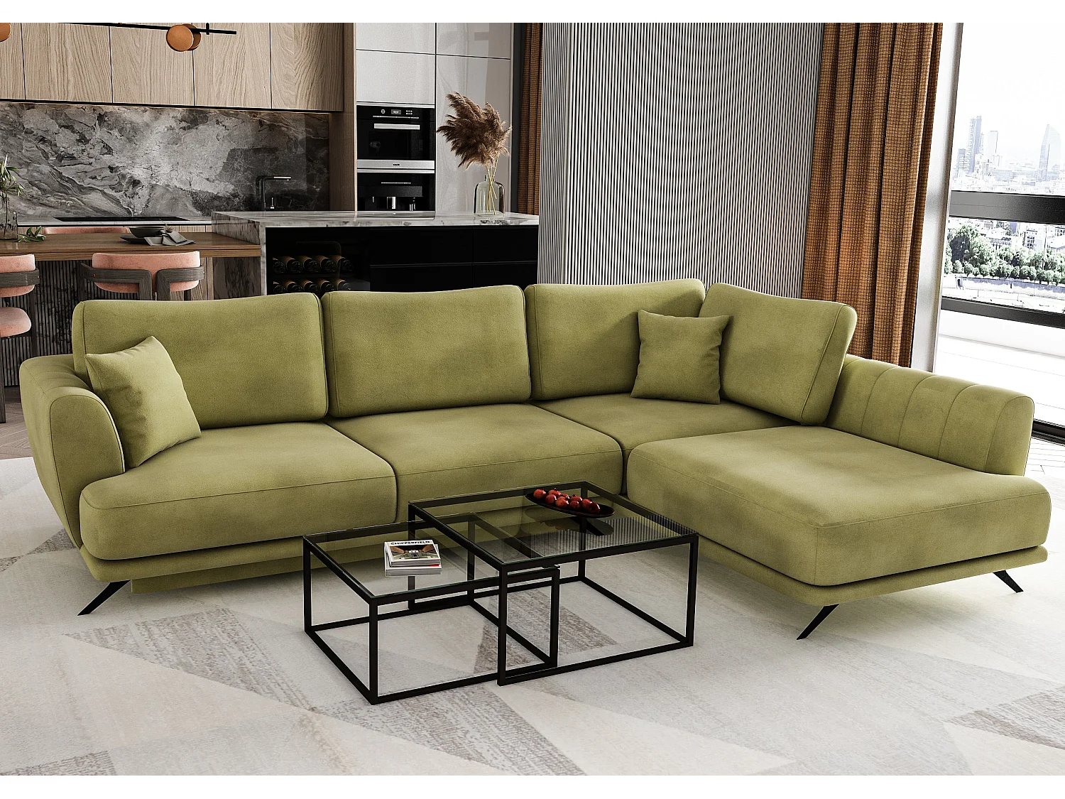 Canapé convertible angle droit tissu vert kaki Savary 280cm