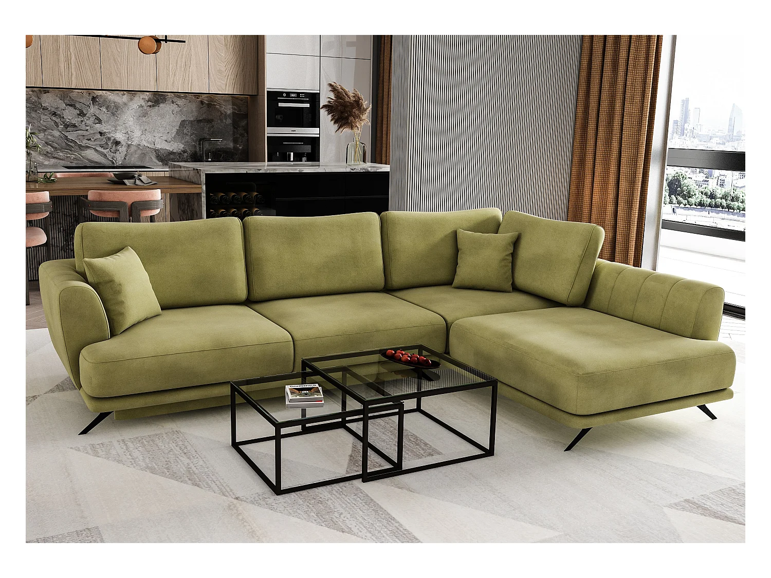 Canapé convertible angle droit tissu vert kaki Savary 280cm