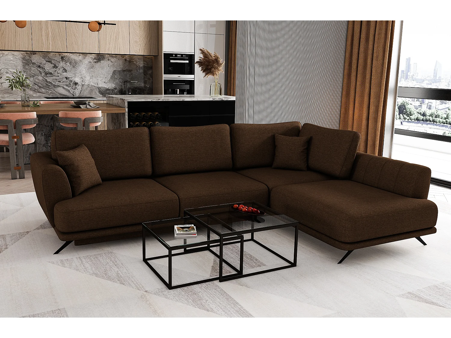 Canapé convertible angle droit tissu marron Savary 280cm