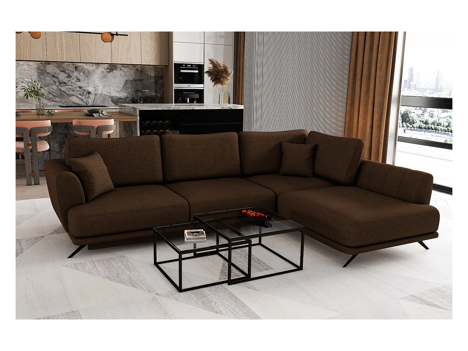 Canapé convertible angle droit tissu marron Savary 280cm