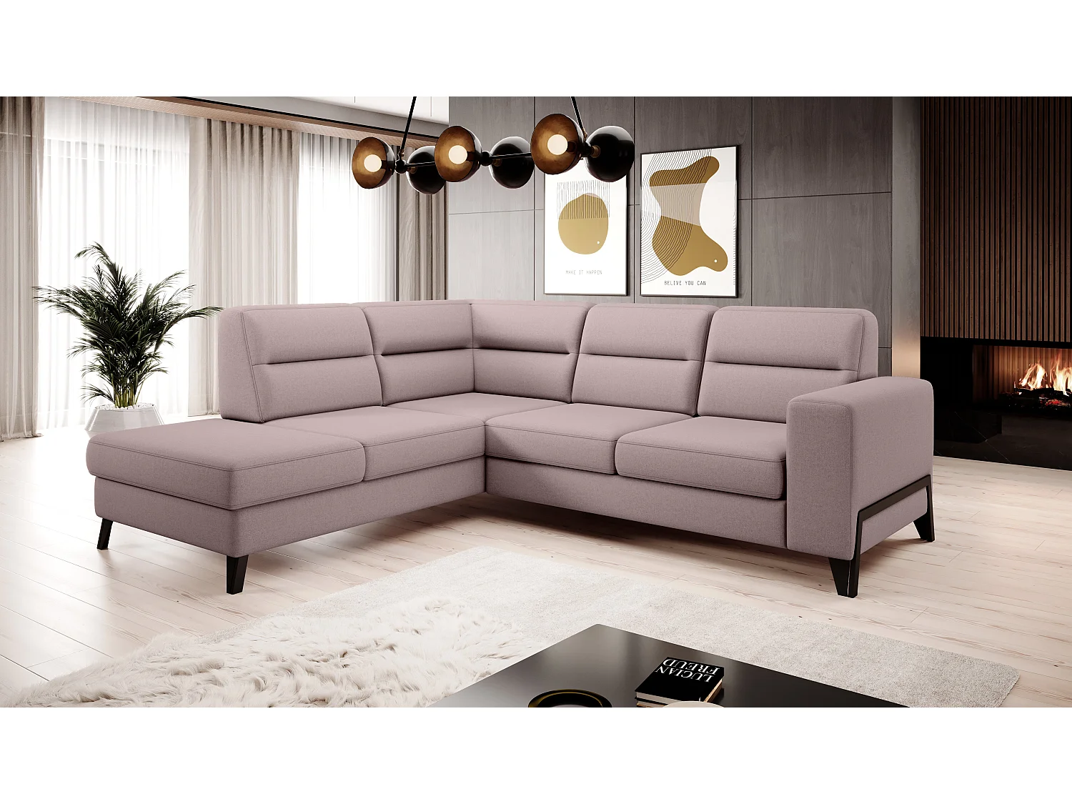 Canapé angle gauche convertible tissu rose clair et pieds acier noir Kassidi 277cm