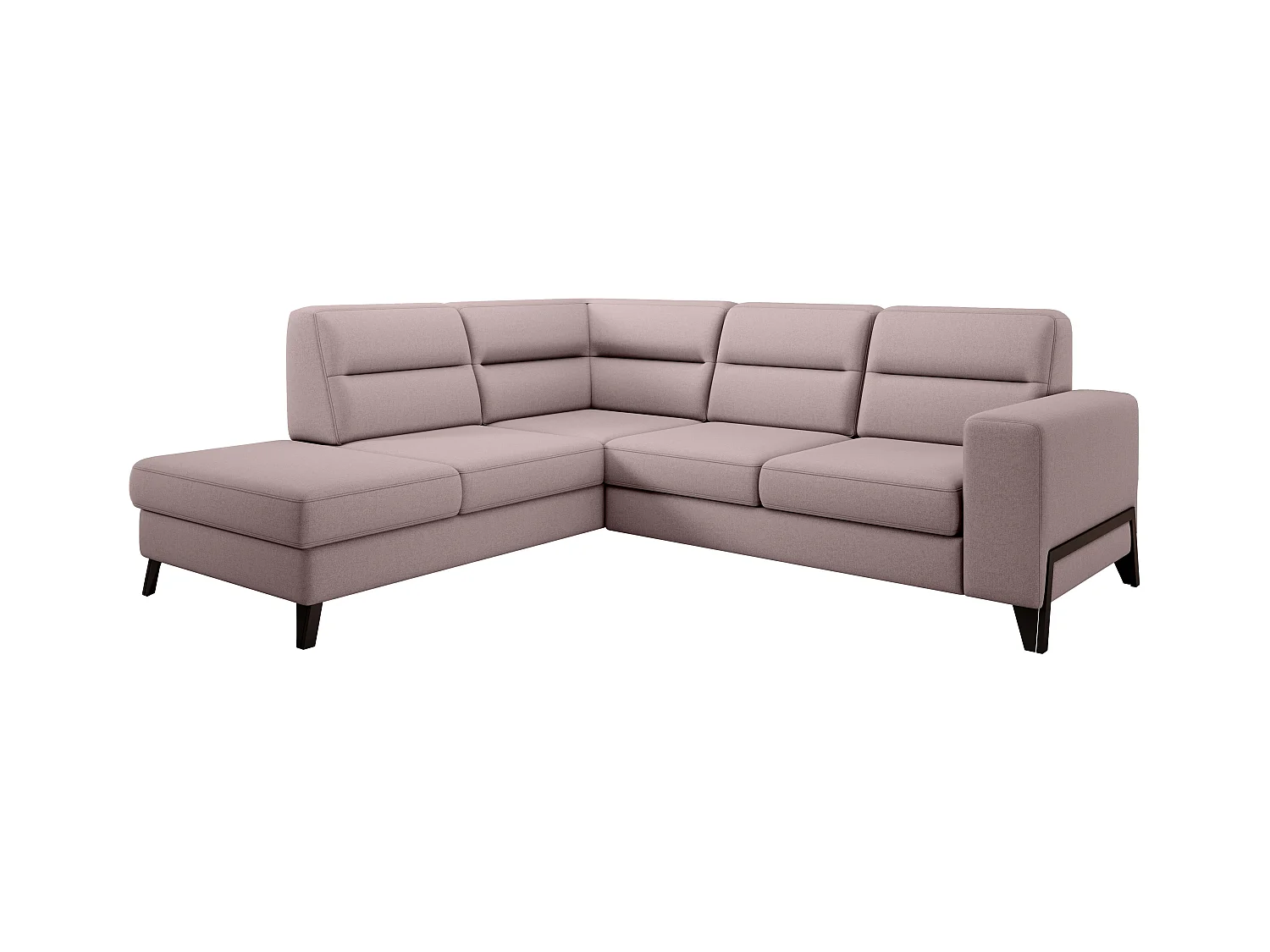 Canapé angle gauche convertible tissu rose clair et pieds acier noir Kassidi 277cm