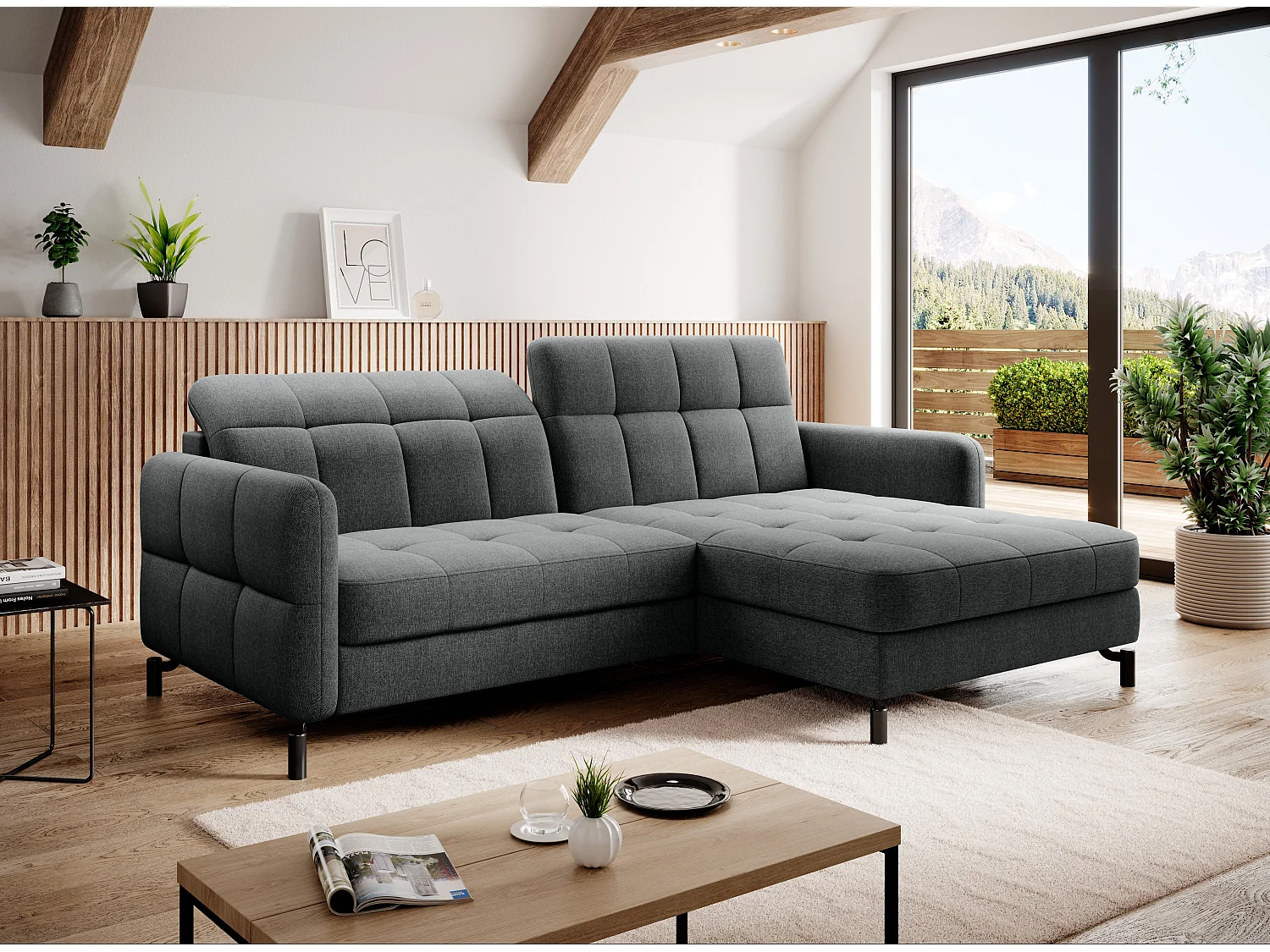 Canapé convertible angle droit avec têtières réglables tissu matelassé gris foncé Lory 225cm