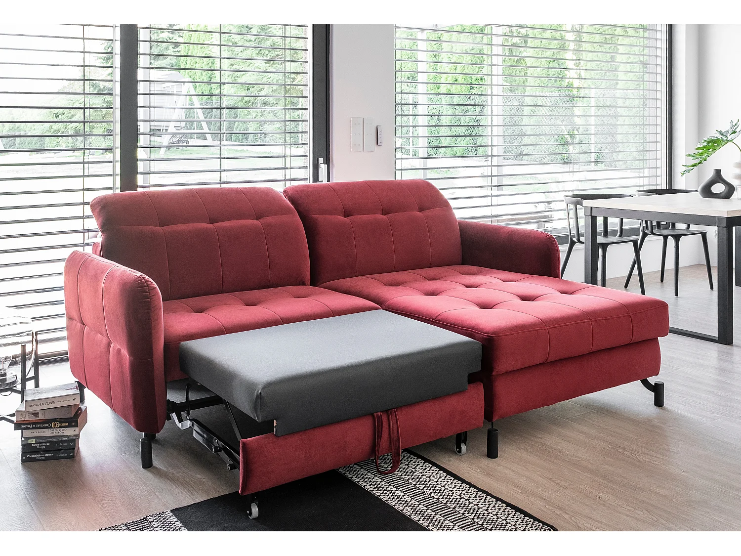 Canapé convertible angle droit avec têtières réglables tissu matelassé gris foncé Lory 225cm