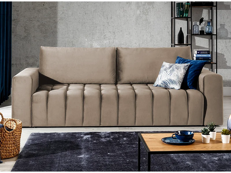 Canapé convertible 3 places velours marron clair avec coffre de rangement Larko 245cm