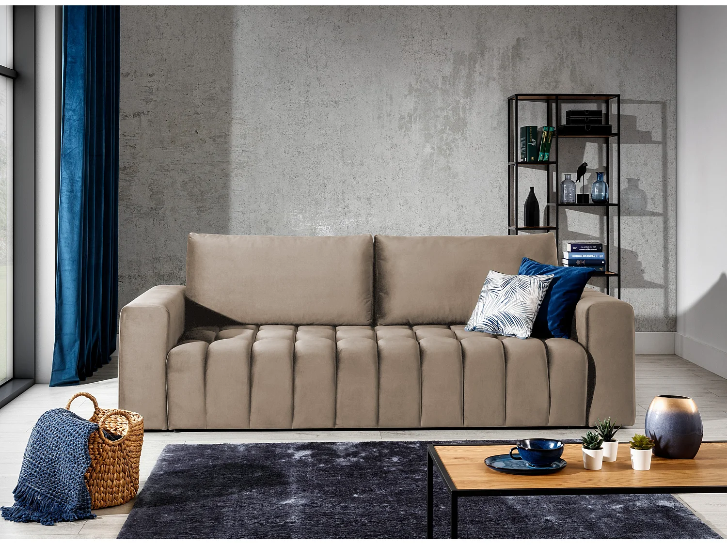 Canapé convertible 3 places velours marron clair avec coffre de rangement Larko 245cm