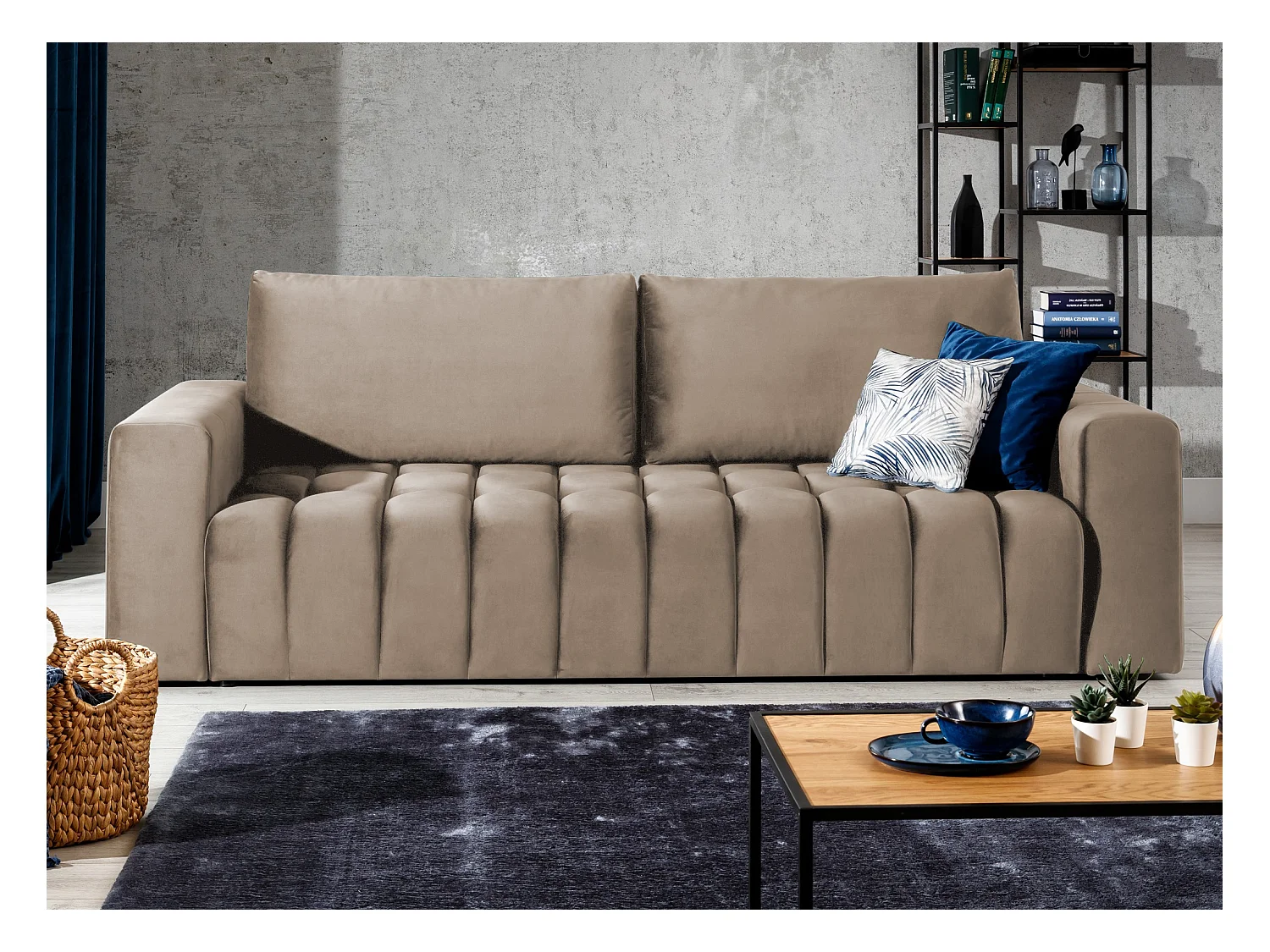 Canapé convertible 3 places velours marron clair avec coffre de rangement Larko 245cm