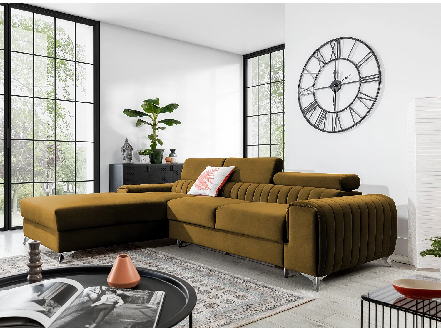 Canapé convertible angle gauche tissu doux marron Grenky 276cm