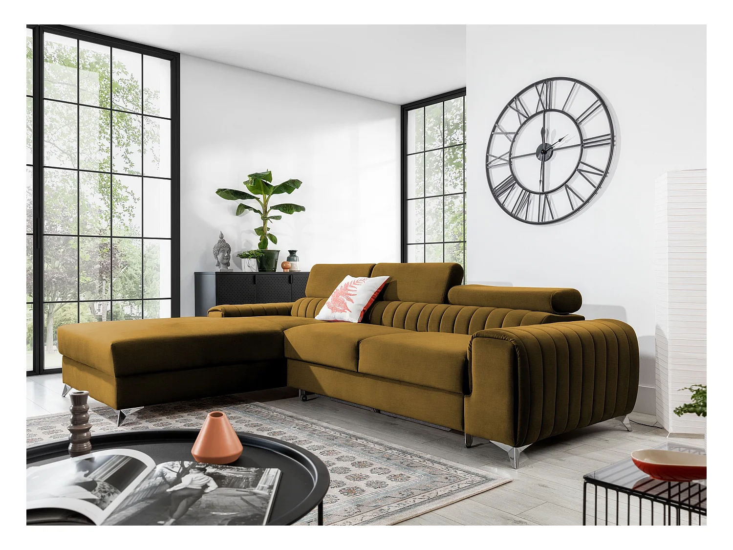 Canapé convertible angle gauche tissu doux marron Grenky 276cm