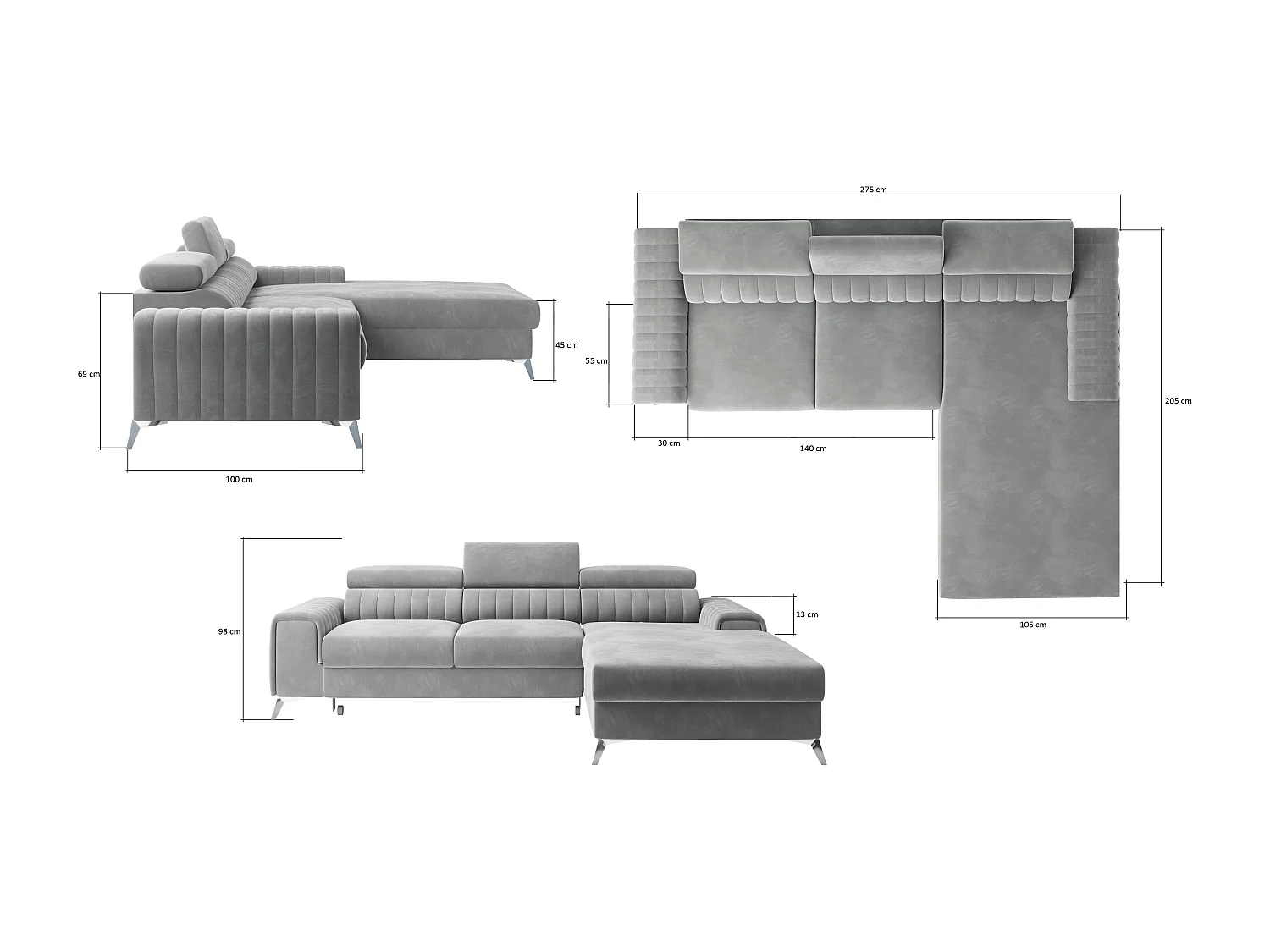 Canapé convertible angle gauche tissu doux marron Grenky 276cm