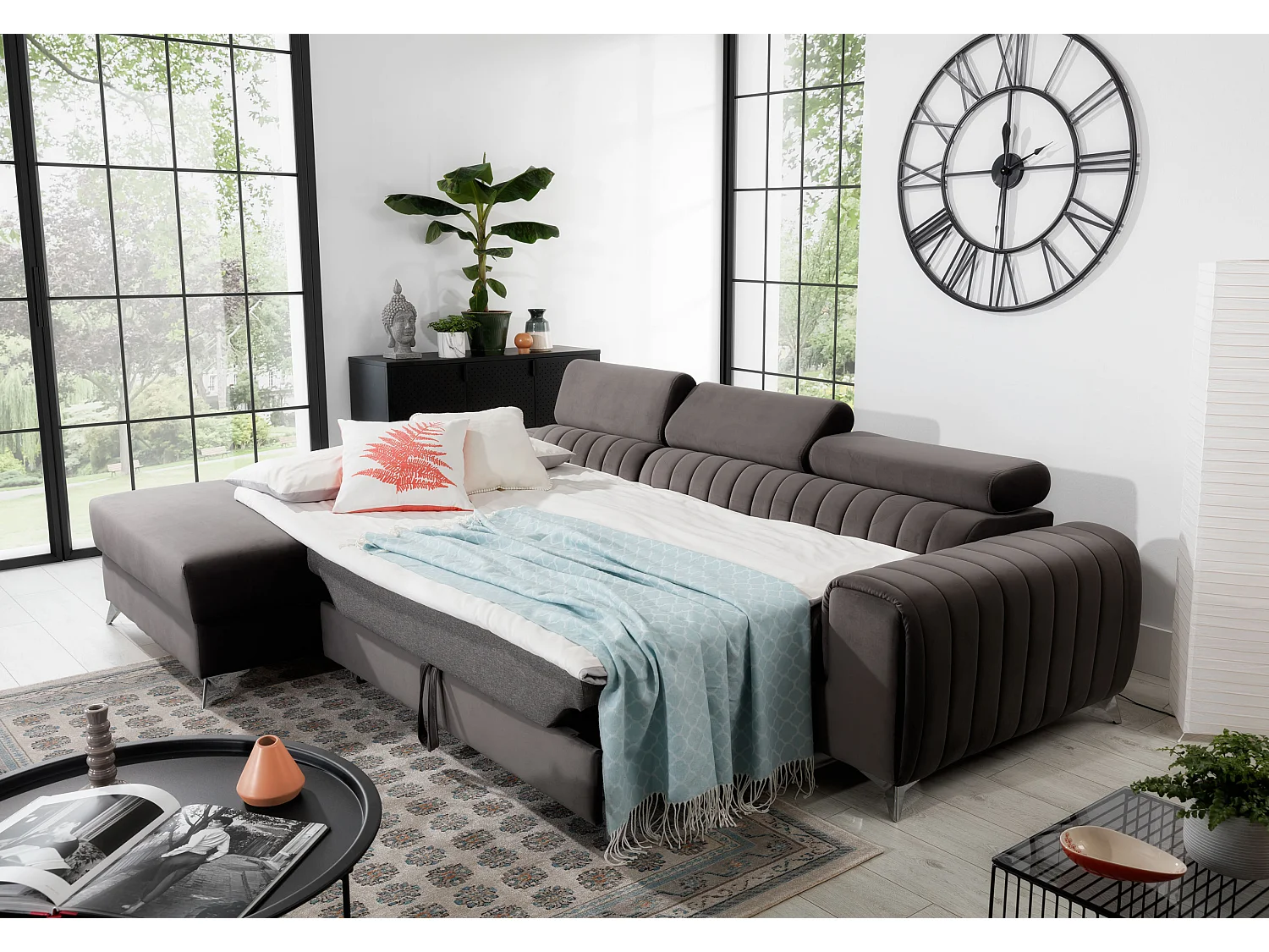 Canapé d'angle gauche convertible 4 places en tissu doux marron GRENKY