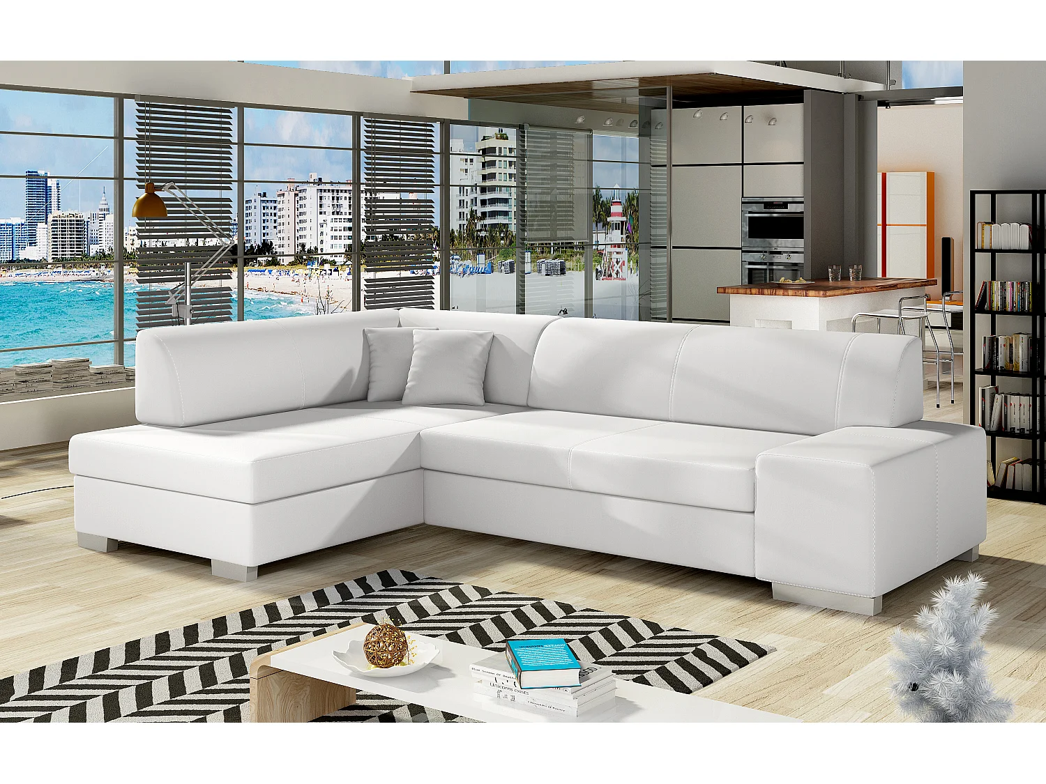 Canapé convertible angle gauche simili cuir blanc Polky 272cm