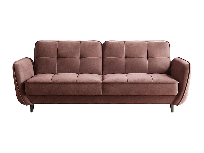 Canapé convertible 3 places velours rose cuivré capitonné et pieds bois noir Bizza 220cm