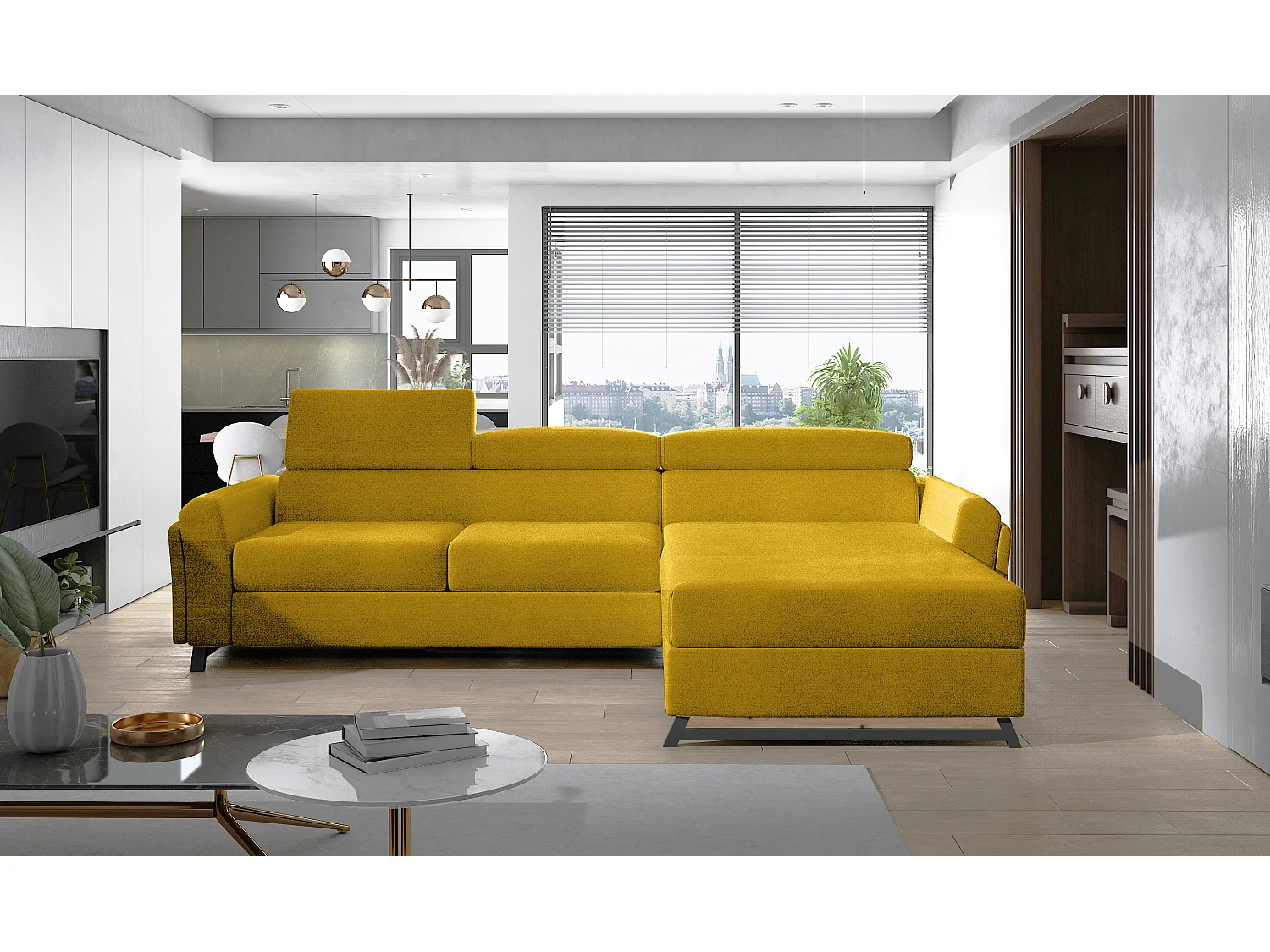 Canapé d’angle convertible MAZALI tissu- Appuis-tête réglables et rangement-Jaune curry-Méridienne A droite