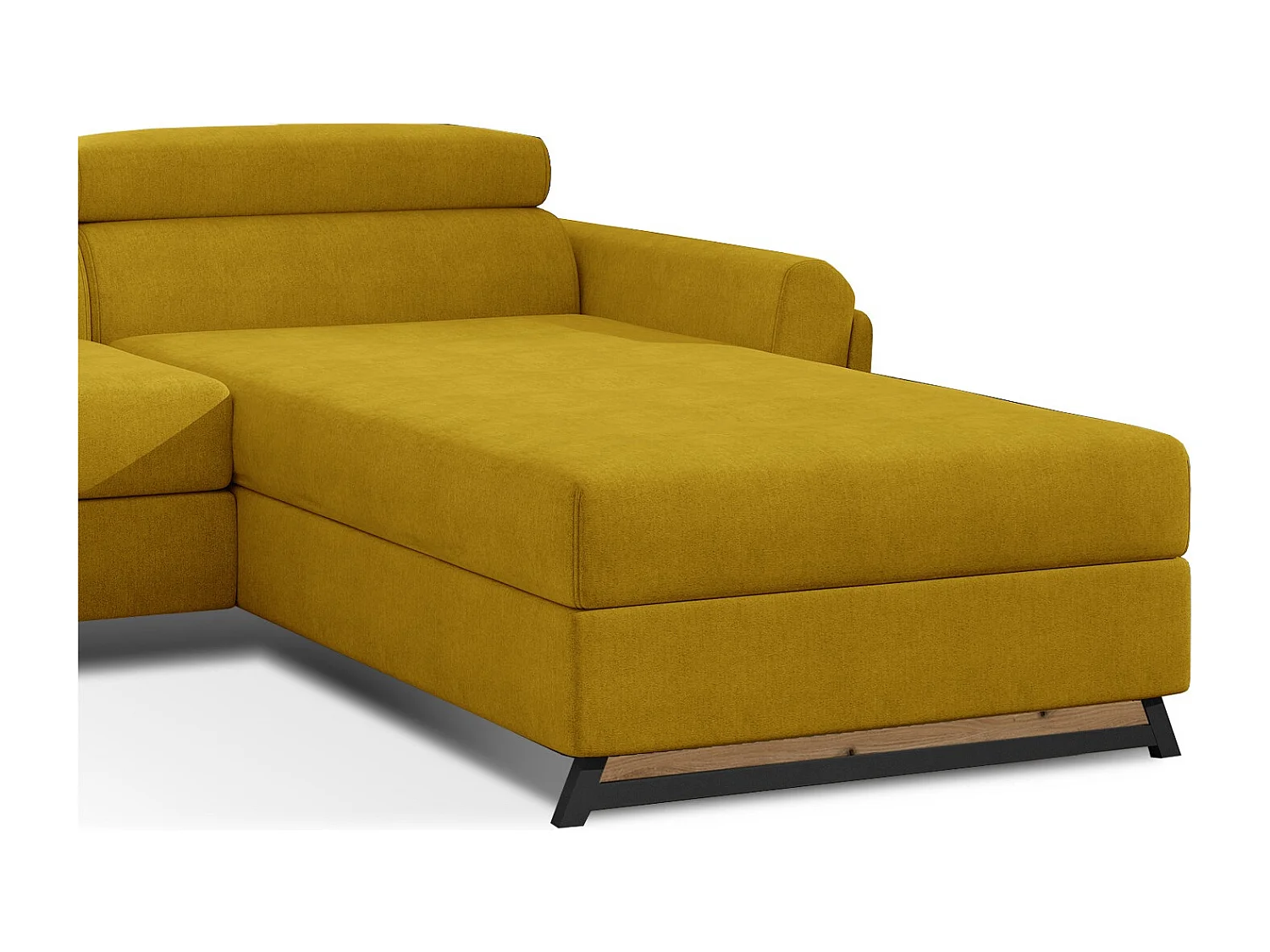 Canapé d’angle convertible MAZALI tissu- Appuis-tête réglables et rangement-Jaune curry-Méridienne A droite