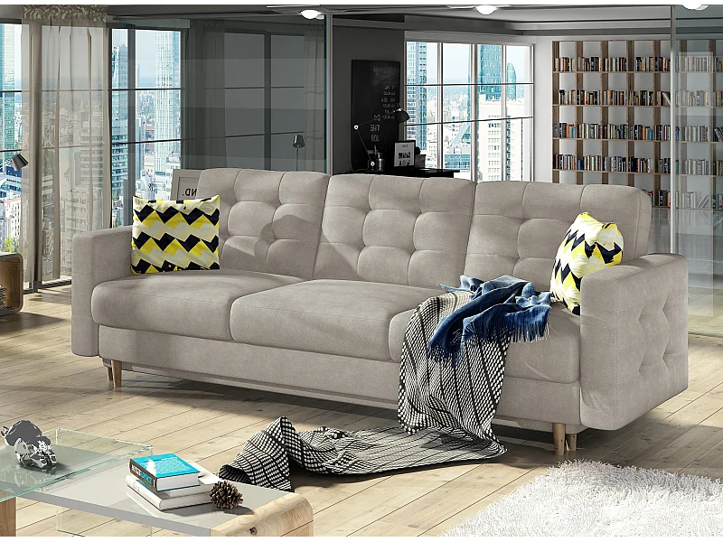 Canapé 3 places convertible matelassé velours beige Anska 235cm