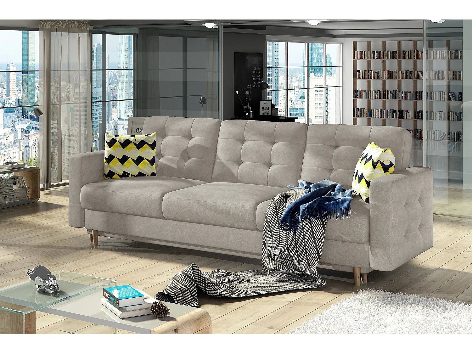 Canapé 3 places convertible matelassé velours beige Anska 235cm