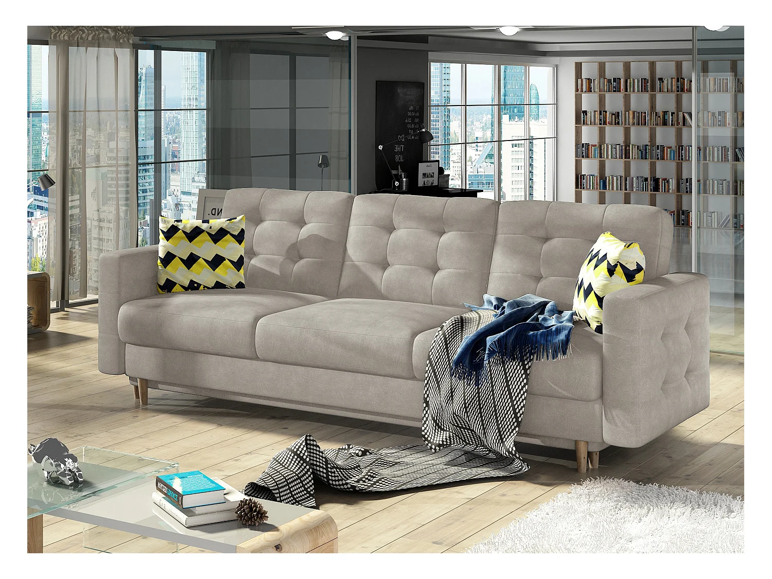 Canapé 3 places convertible matelassé velours beige Anska 235cm