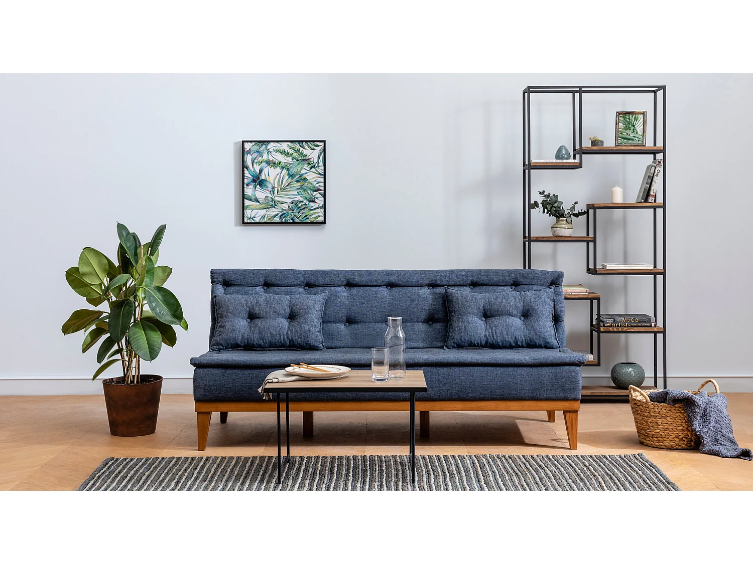 Canapé lit clic clac 3 places tissu bleu foncé Sporka 180cm