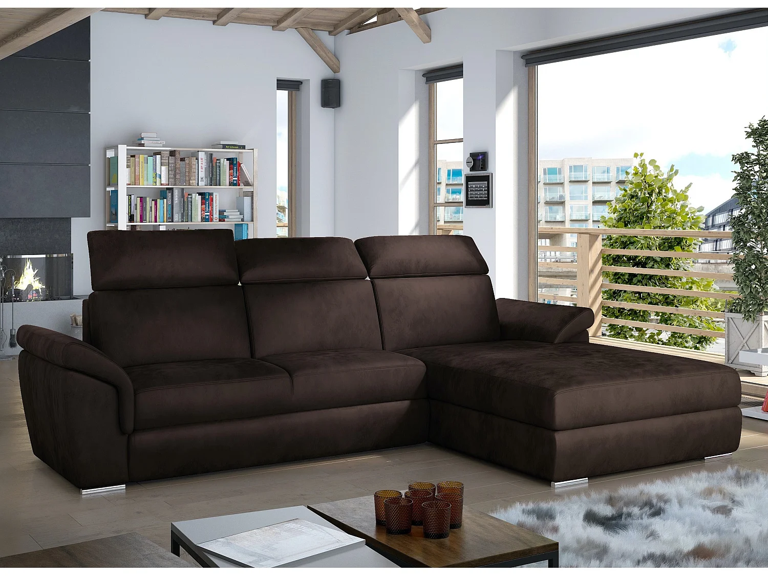 Canapé convertible d'angle droit velours chocolat têtières réglables Suzy 272cm