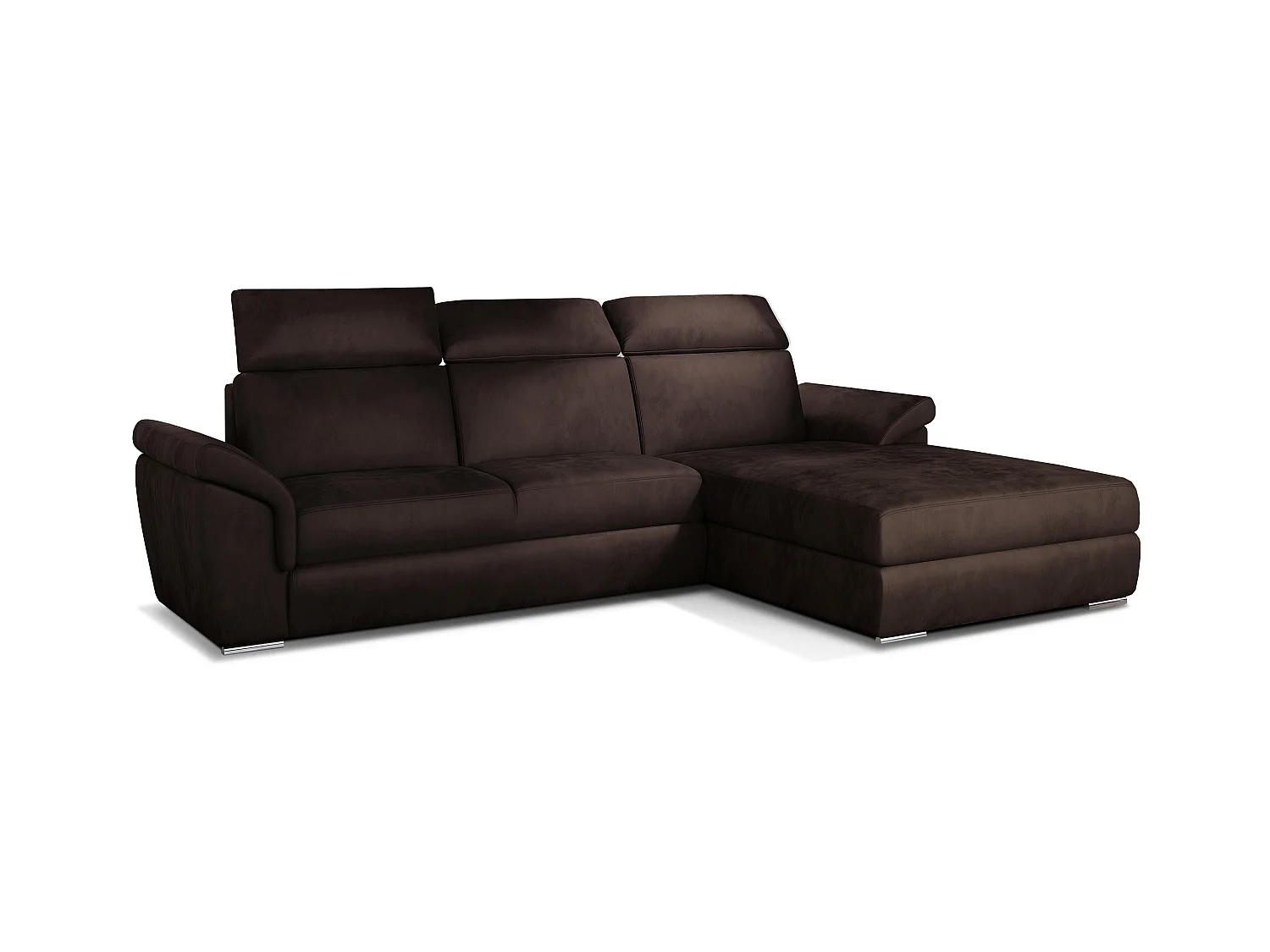 Canapé convertible d'angle droit velours chocolat têtières réglables Suzy 272cm